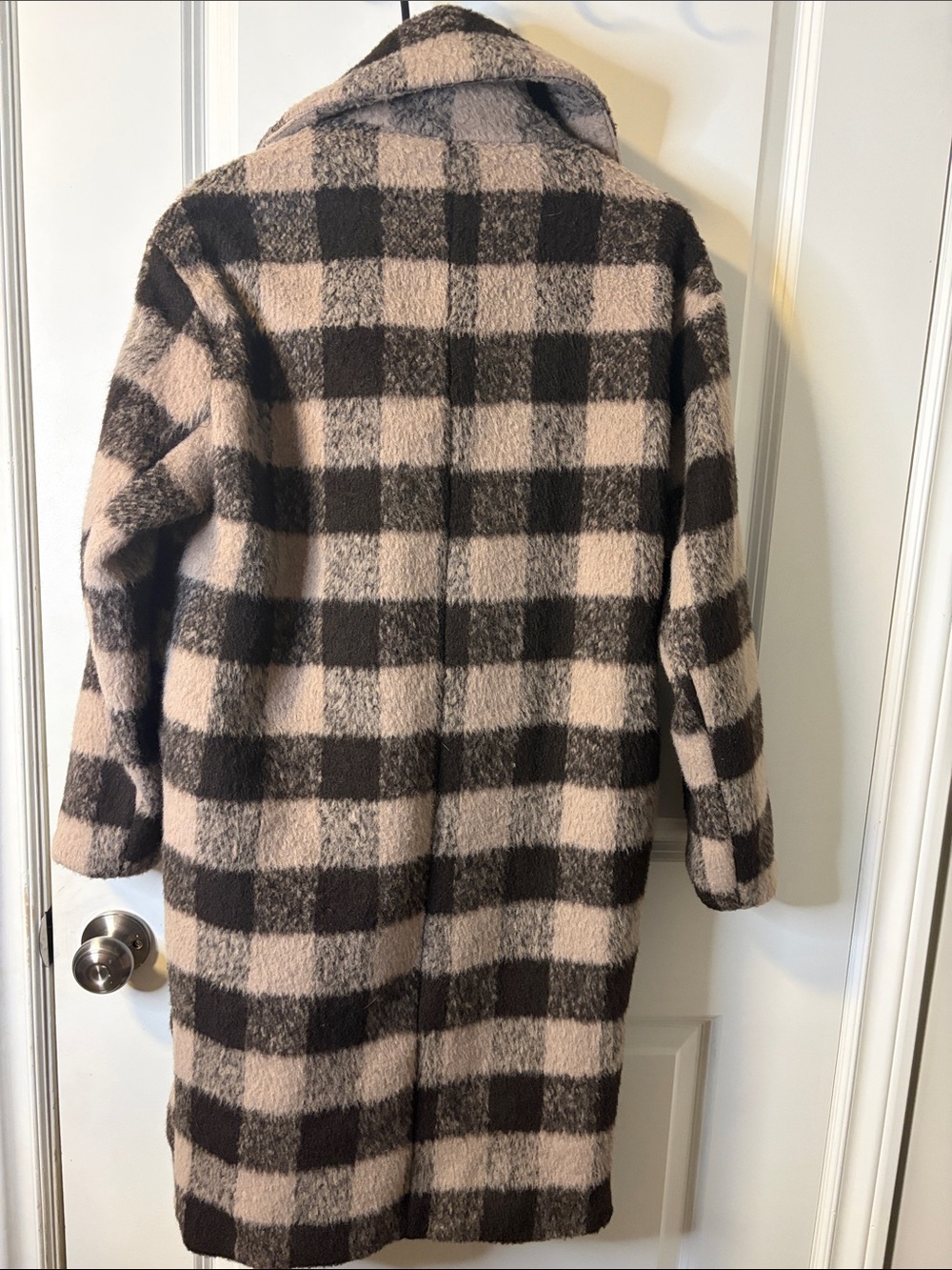 ONLY Beige and Brown Checked Long Peacoat with Wide Lapel - Picture 6 of 6